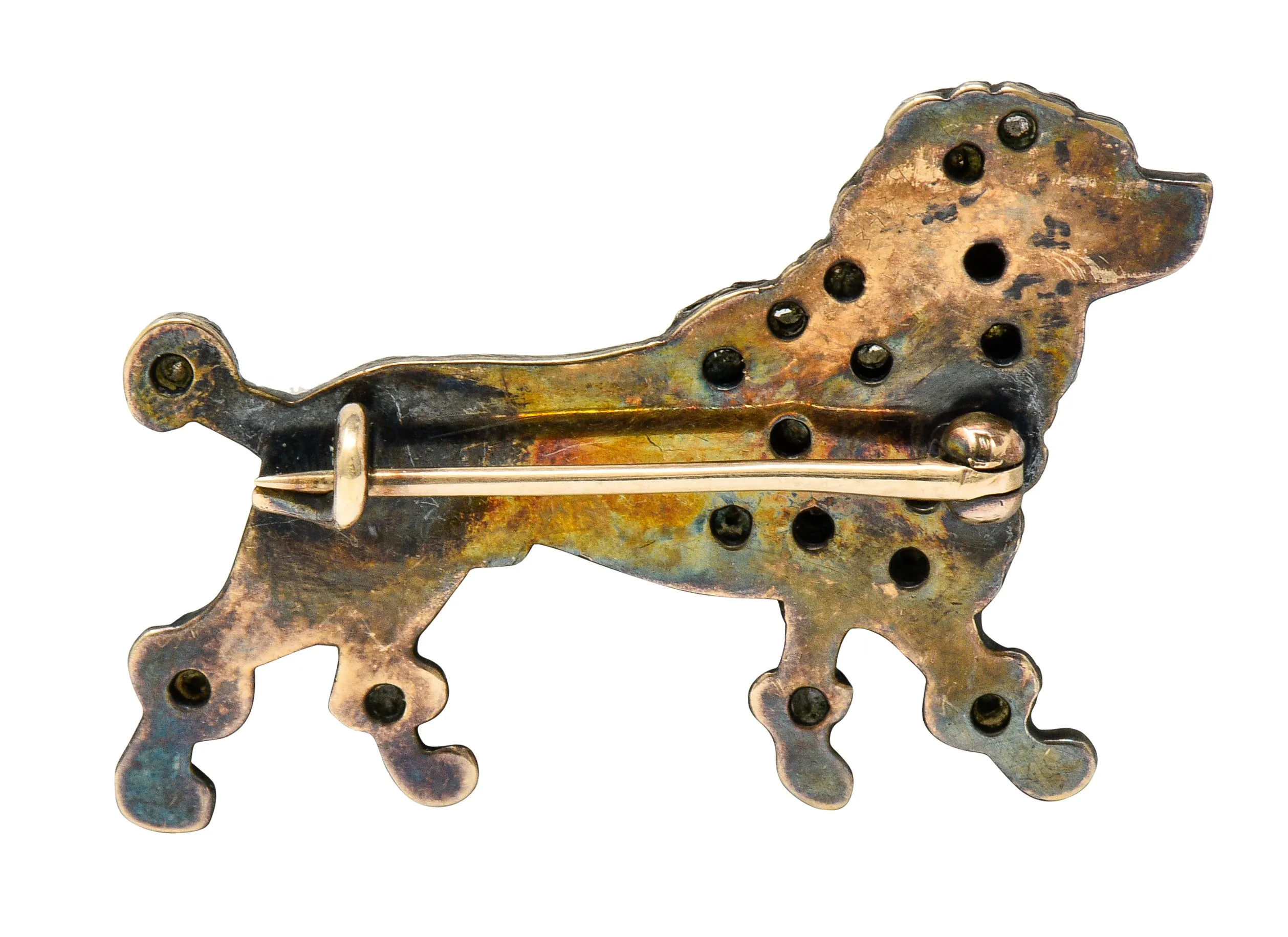 1860's Victorian Diamond Ruby Silver-Topped 14 Karat Gold Poodle Dog Brooch