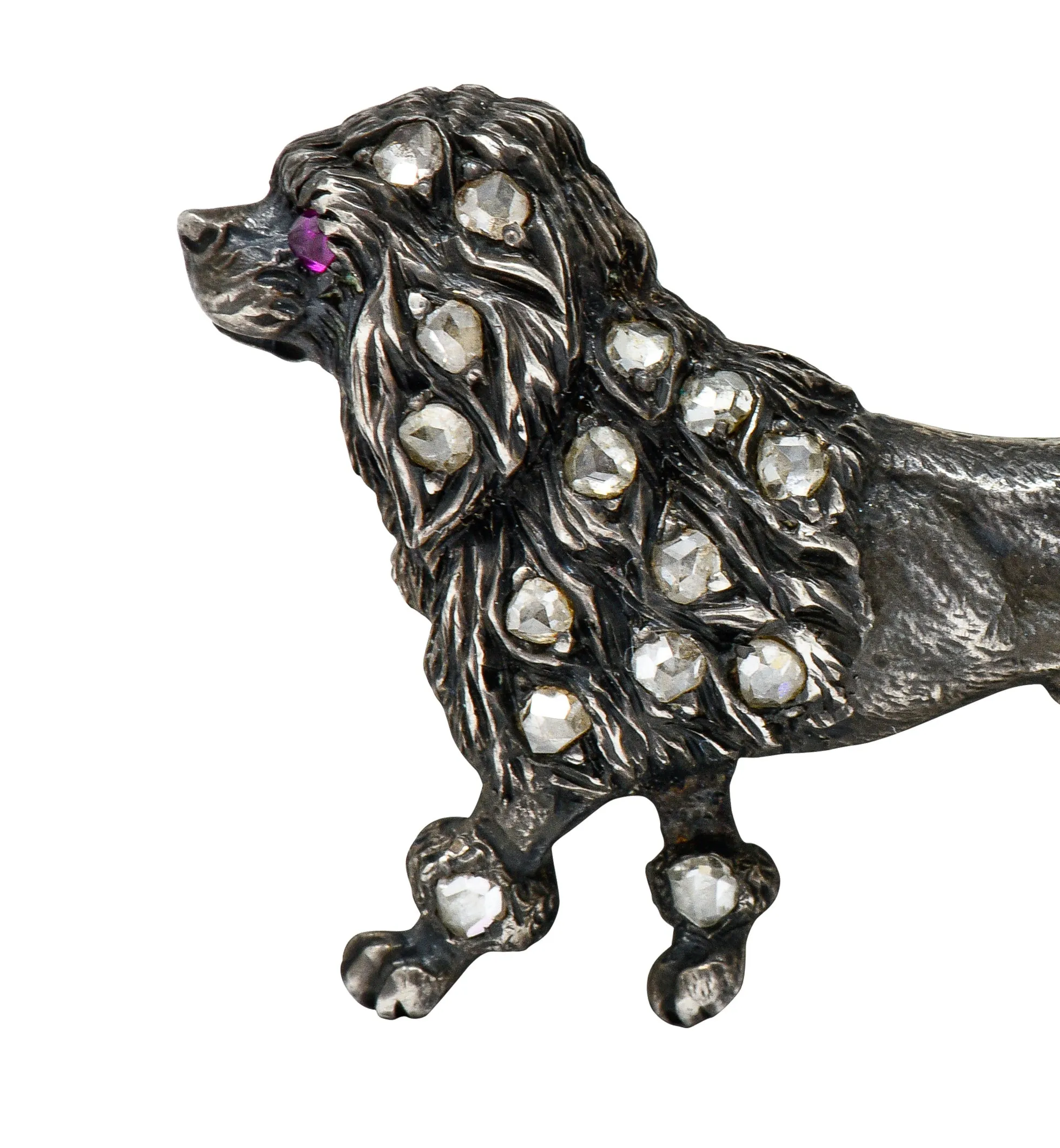 1860's Victorian Diamond Ruby Silver-Topped 14 Karat Gold Poodle Dog Brooch