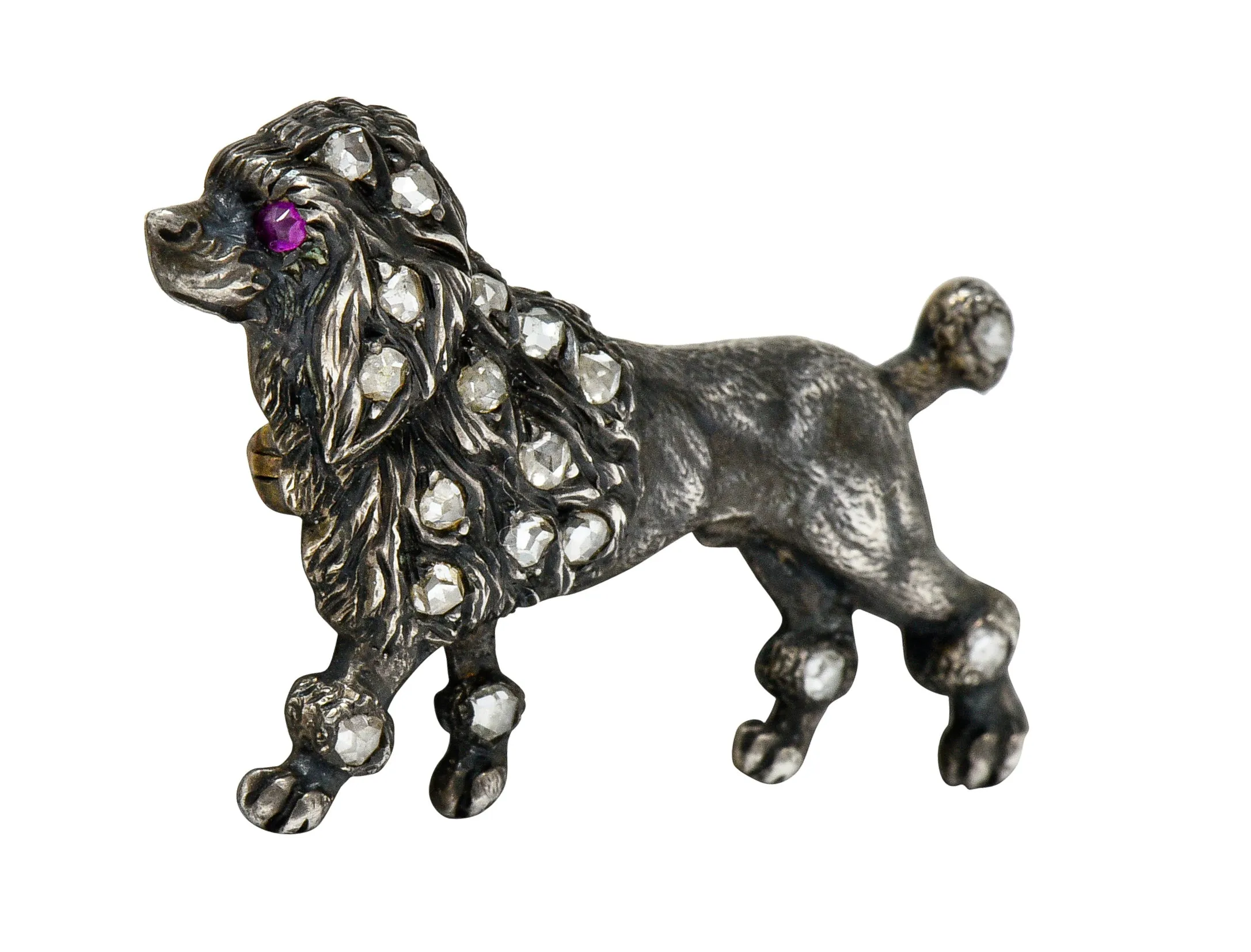 1860's Victorian Diamond Ruby Silver-Topped 14 Karat Gold Poodle Dog Brooch