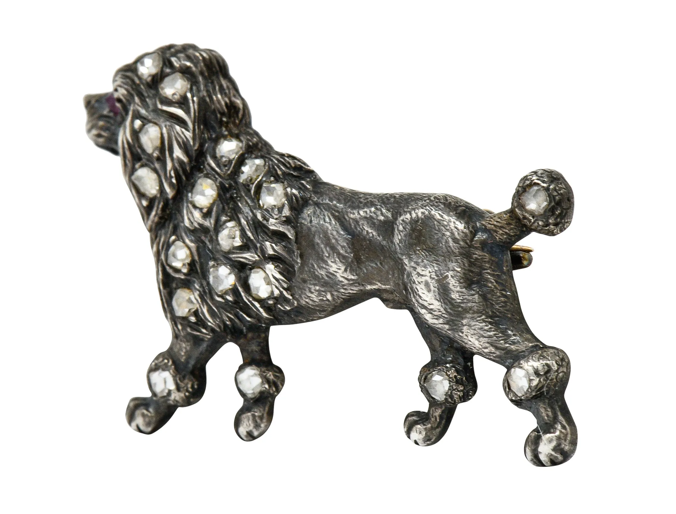 1860's Victorian Diamond Ruby Silver-Topped 14 Karat Gold Poodle Dog Brooch