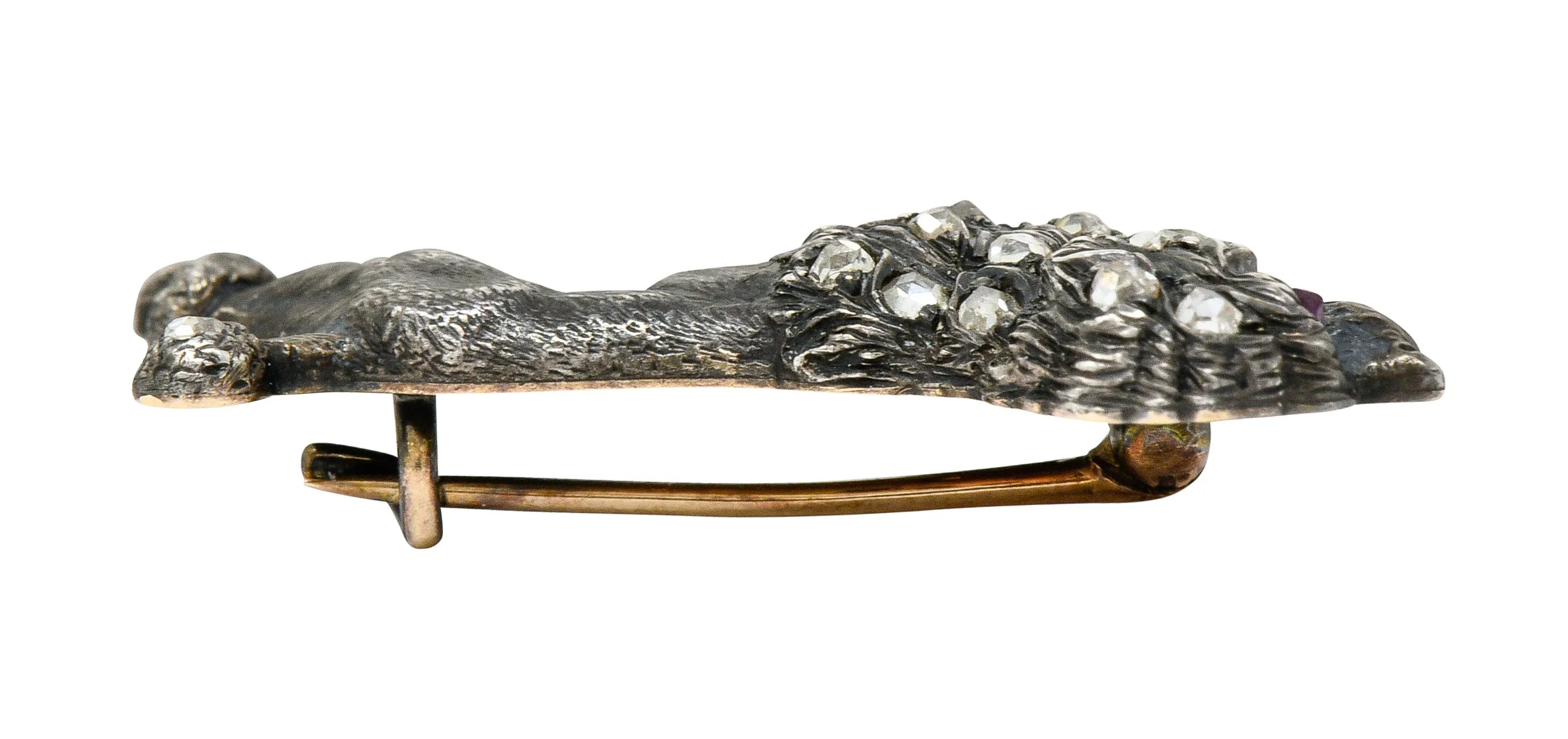 1860's Victorian Diamond Ruby Silver-Topped 14 Karat Gold Poodle Dog Brooch