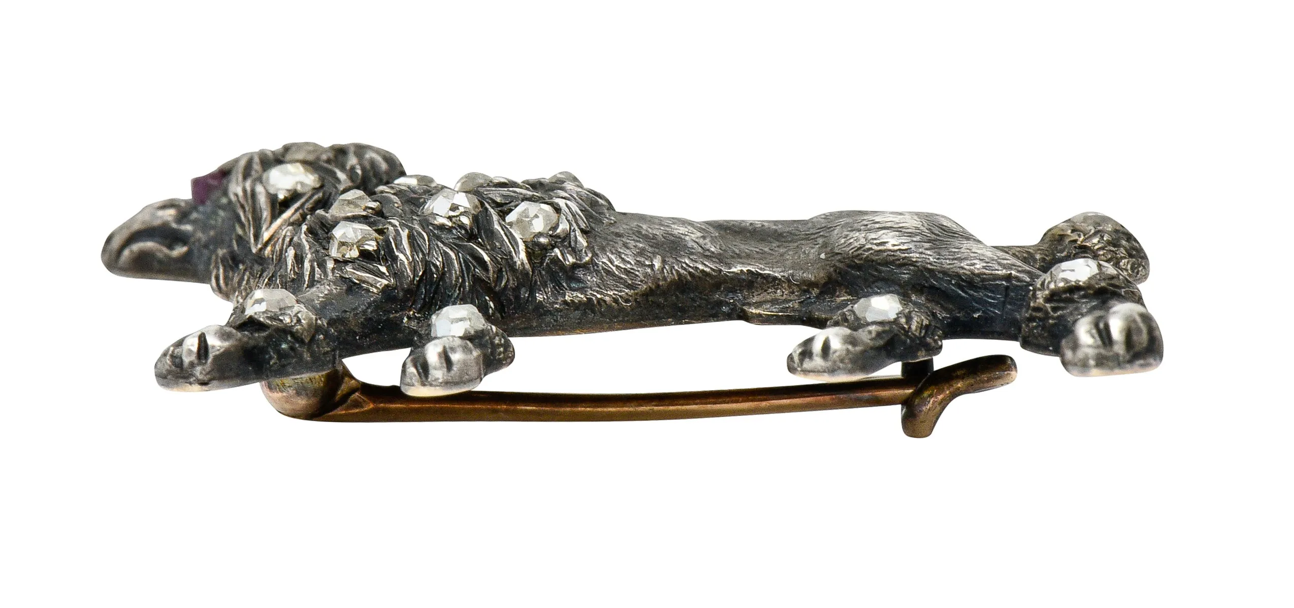1860's Victorian Diamond Ruby Silver-Topped 14 Karat Gold Poodle Dog Brooch