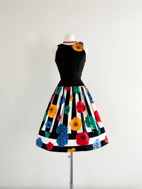 1980's AJ Bari Striped Poppy Print Party Dress / Sz S
