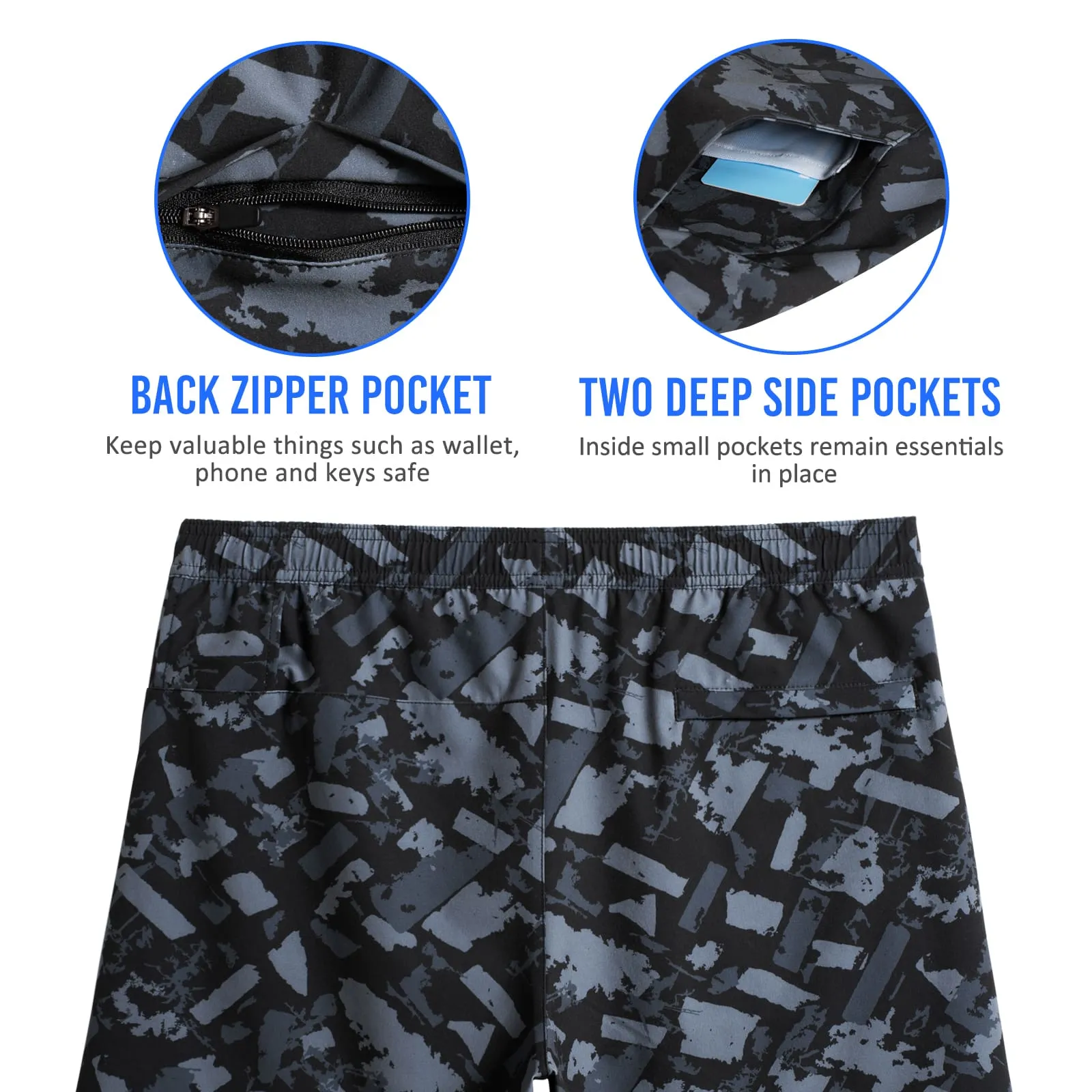 2 in 1 Stretch Long Lined Grey Camo Gym Shorts
