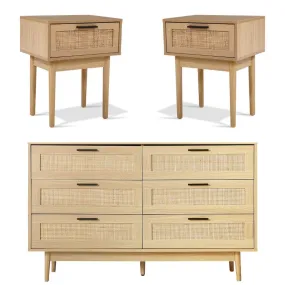 2 x Bedside Tables with Drawer & Tallboy With 6 Drawers Rattan Bedroom Package