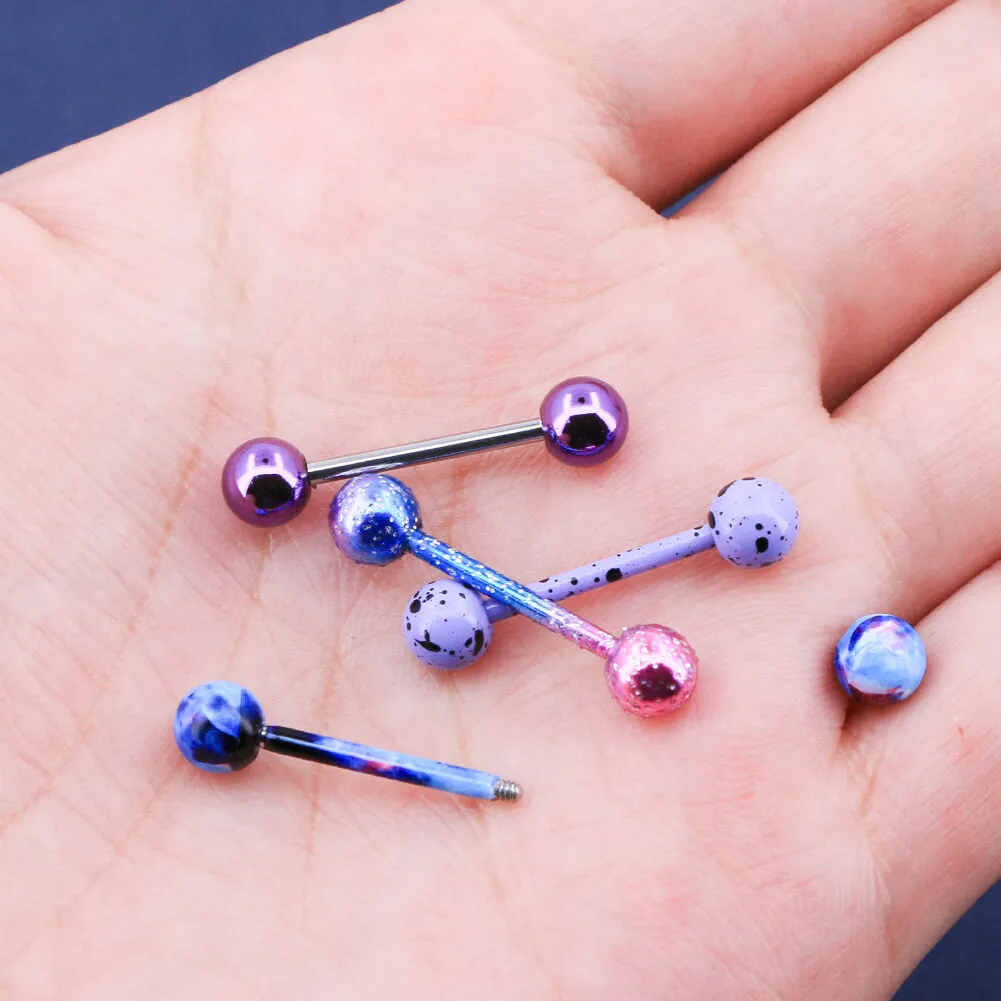 4pcs 14 Gauge Planet Color Glitter Swirl Splatter Tongue Barbell