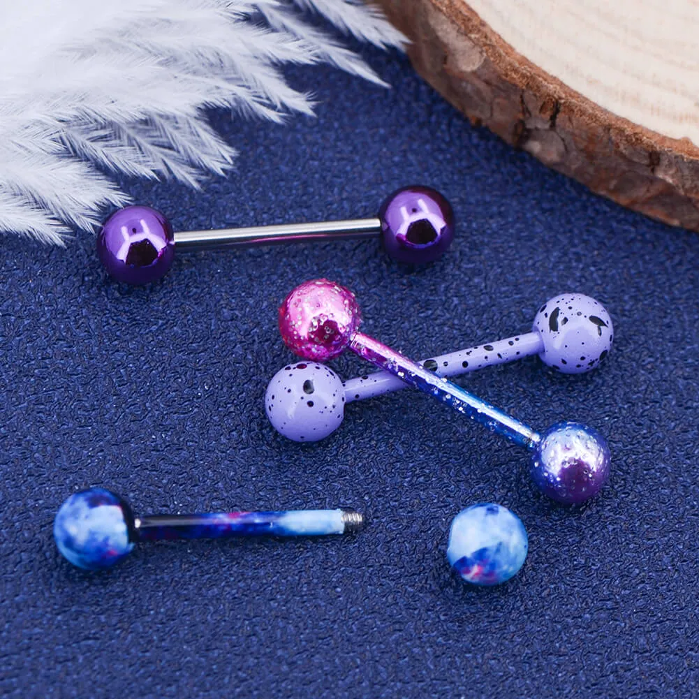 4pcs 14 Gauge Planet Color Glitter Swirl Splatter Tongue Barbell