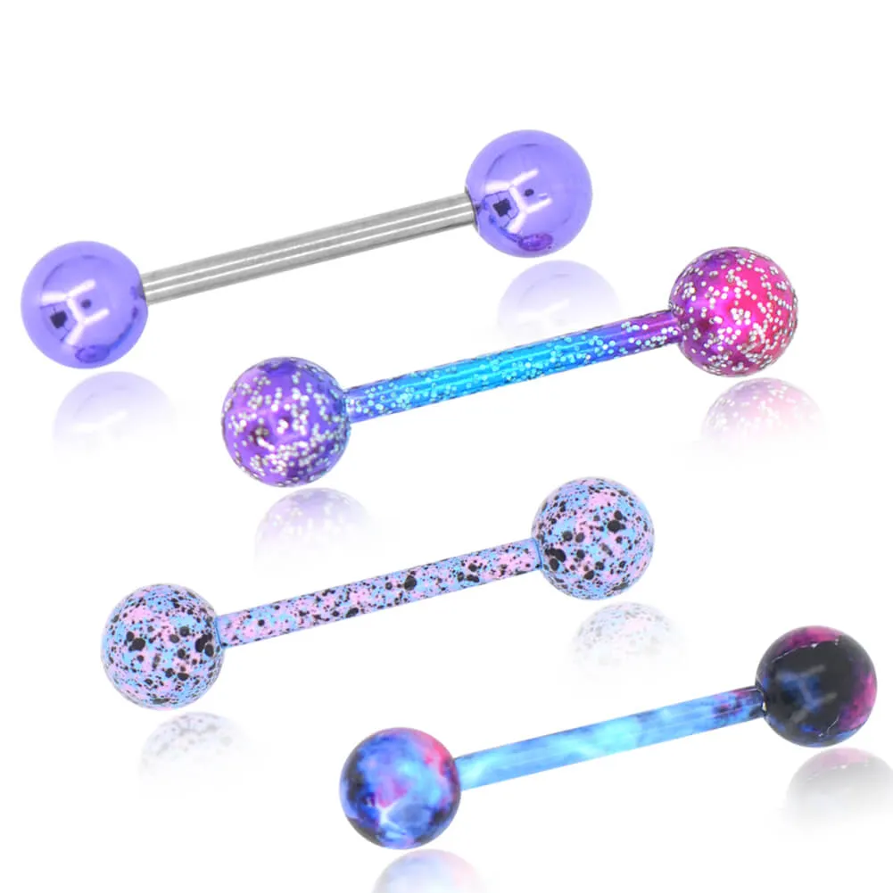 4pcs 14 Gauge Planet Color Glitter Swirl Splatter Tongue Barbell
