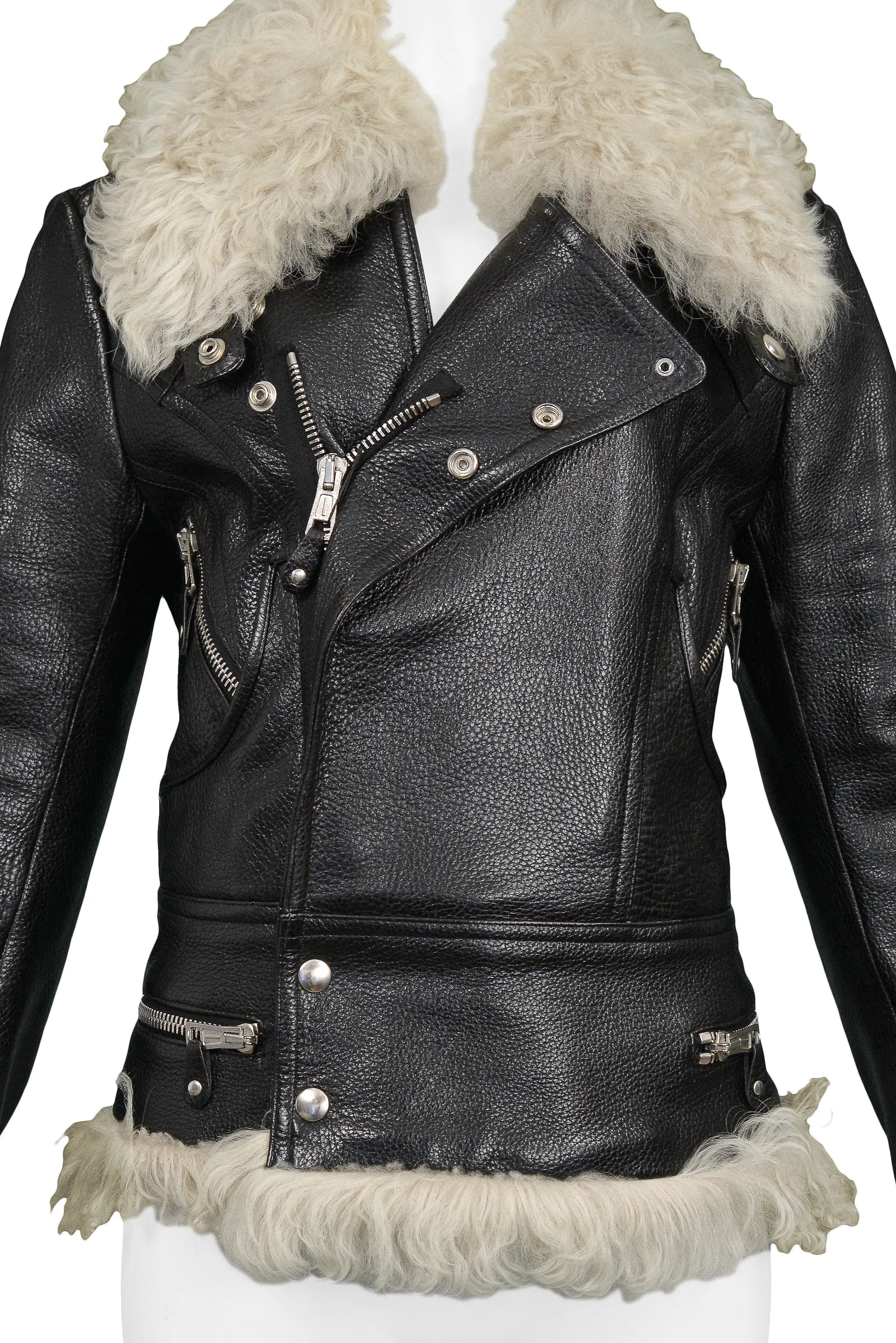 BALENCIAGA BLACK LEATHER & SHEARLING MOTO JACKET 2004