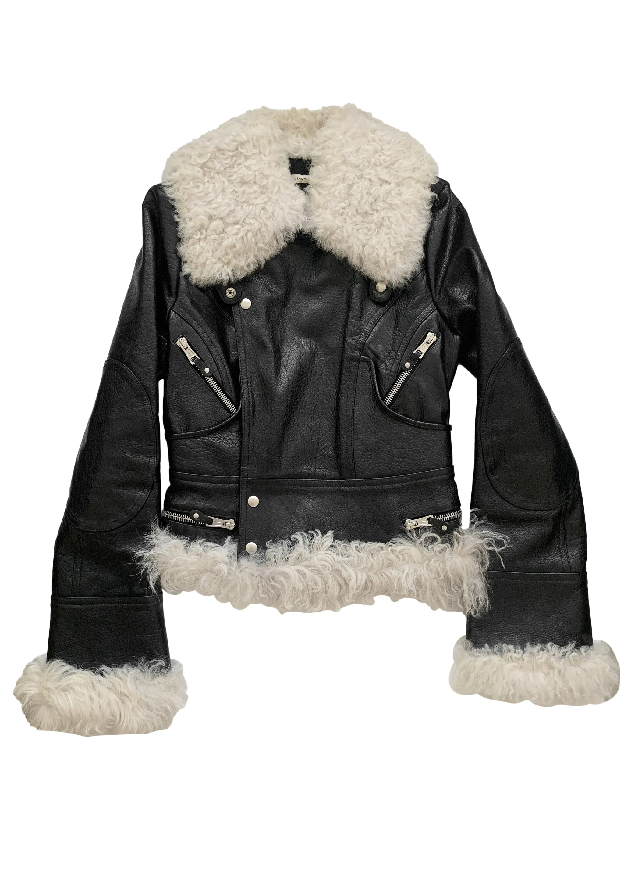 BALENCIAGA BLACK LEATHER & SHEARLING MOTO JACKET 2004