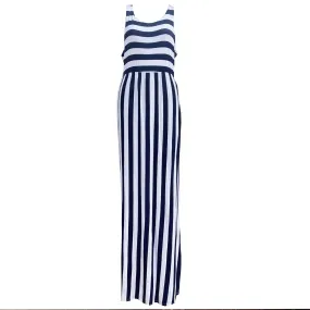 Bellamie Dark Blue and White Striped Sleeveless Maxi Dress - XL
