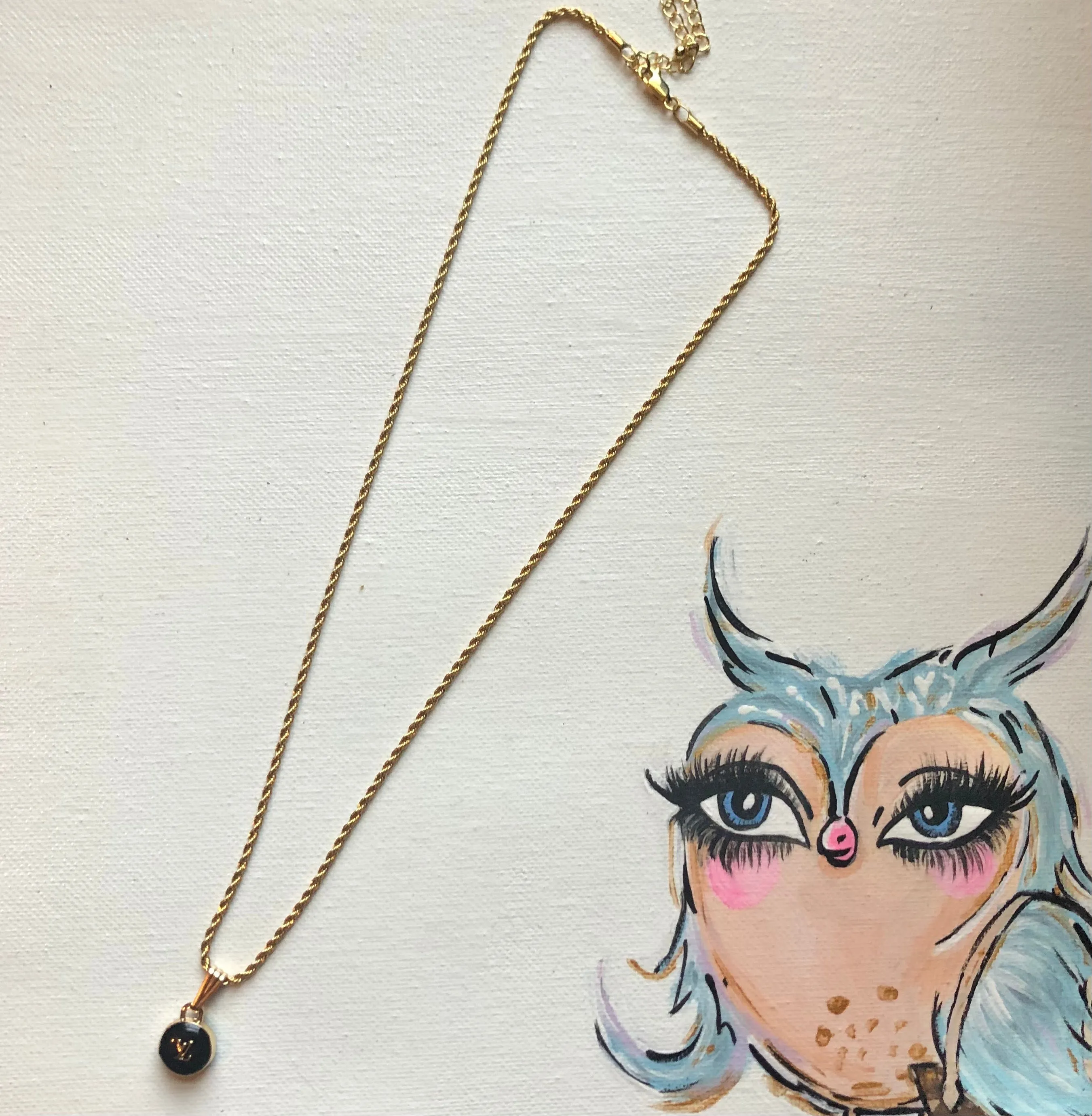 Black LV Button Necklace - Gold Filled Rope Chain