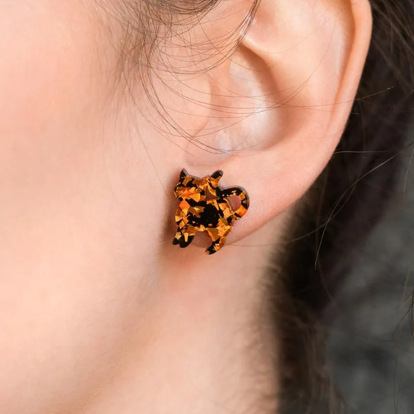 Cat Chunky Glitter Resin Stud Earrings - Orange