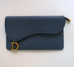 Christian Dior Saddle Long Wallet Clutch Pouch in Blue Leather