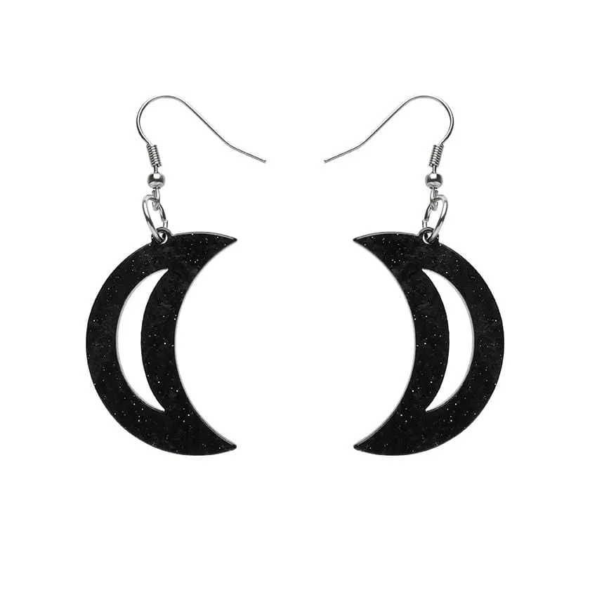 Crescent Moon Ripple Glitter Resin Drop Earrings - Black
