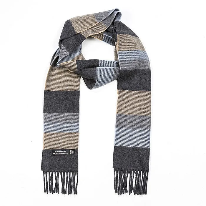 Irish Cashmere Wool Scarf Denim Taupe Grey Weft Stripe