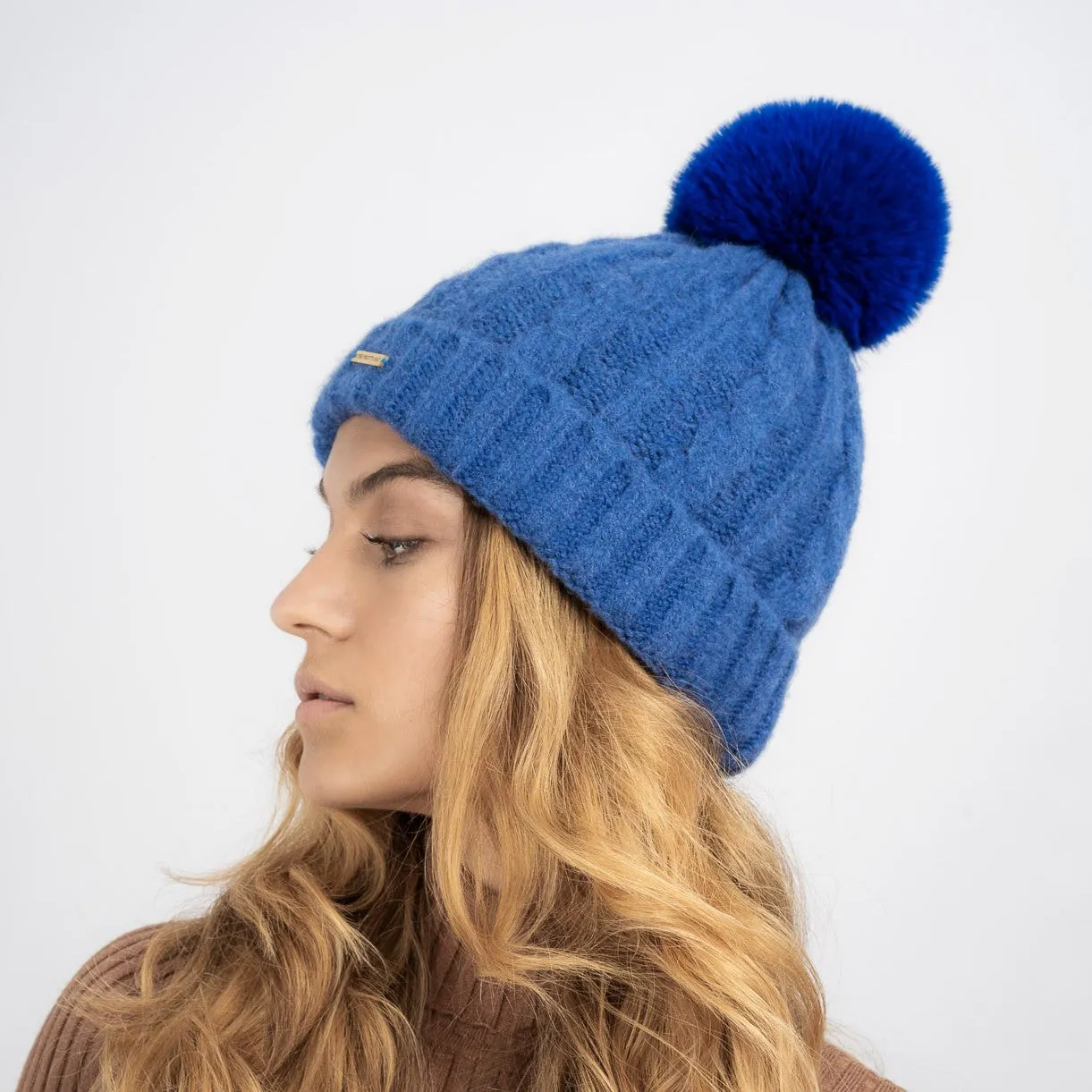 Laura Satin Lined Beanie With Detachable Pom - Royal Blue