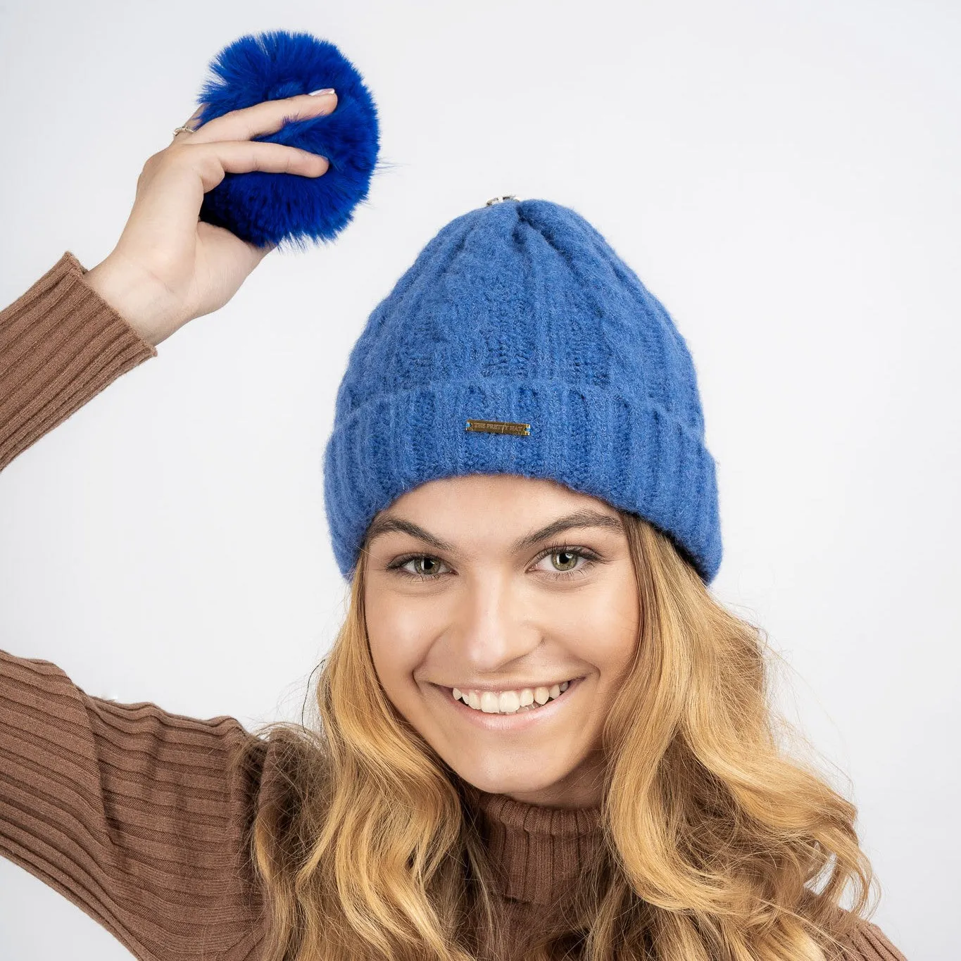 Laura Satin Lined Beanie With Detachable Pom - Royal Blue