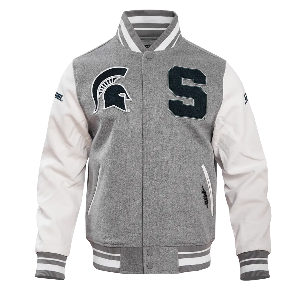 MICHIGAN STATE UNIVERSITY CLASSIC RIB WOOL MEN'S VARSITY JACKET (HEATHER GREY/WHITE)