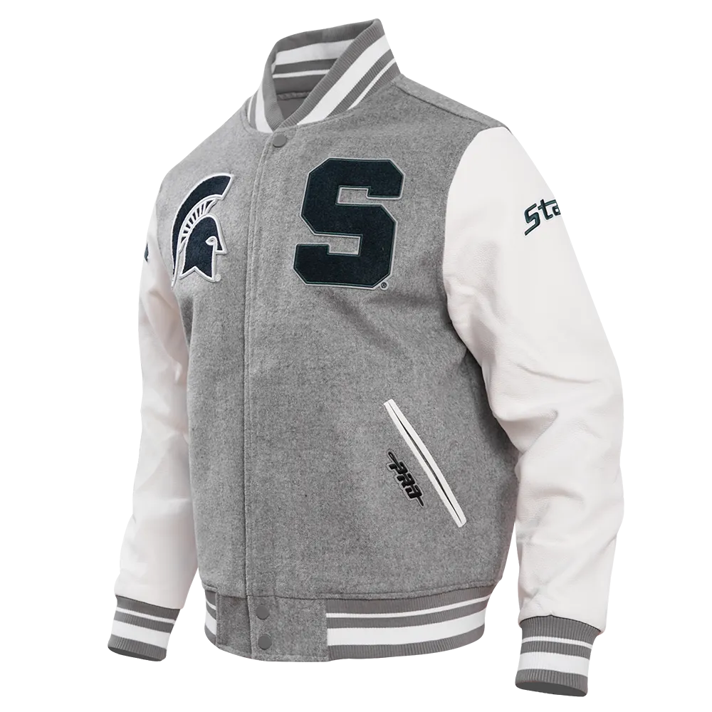MICHIGAN STATE UNIVERSITY CLASSIC RIB WOOL MEN'S VARSITY JACKET (HEATHER GREY/WHITE)