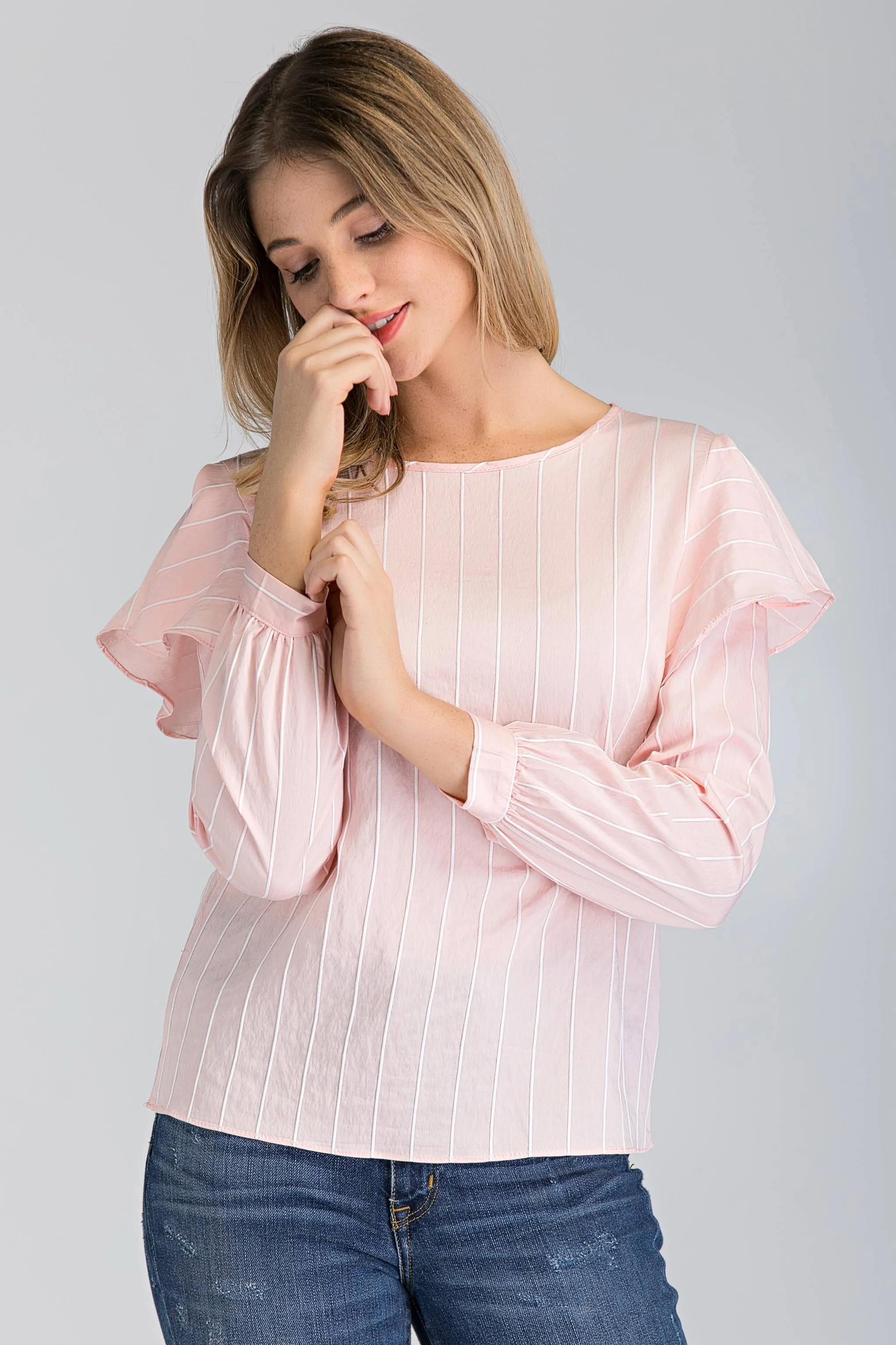 Peach Stripe Ruffle Shoulder Long Sleeve Top
