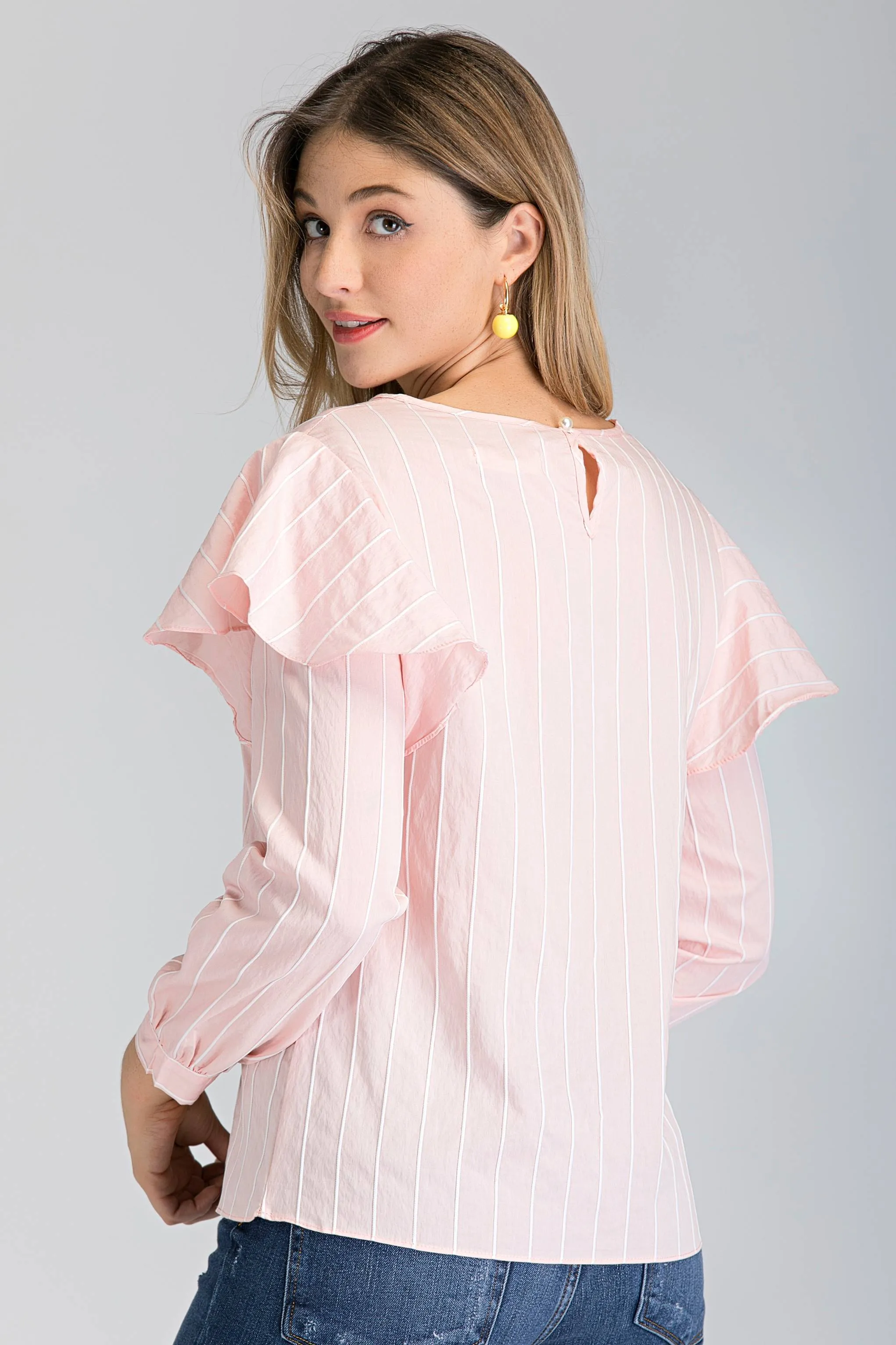 Peach Stripe Ruffle Shoulder Long Sleeve Top