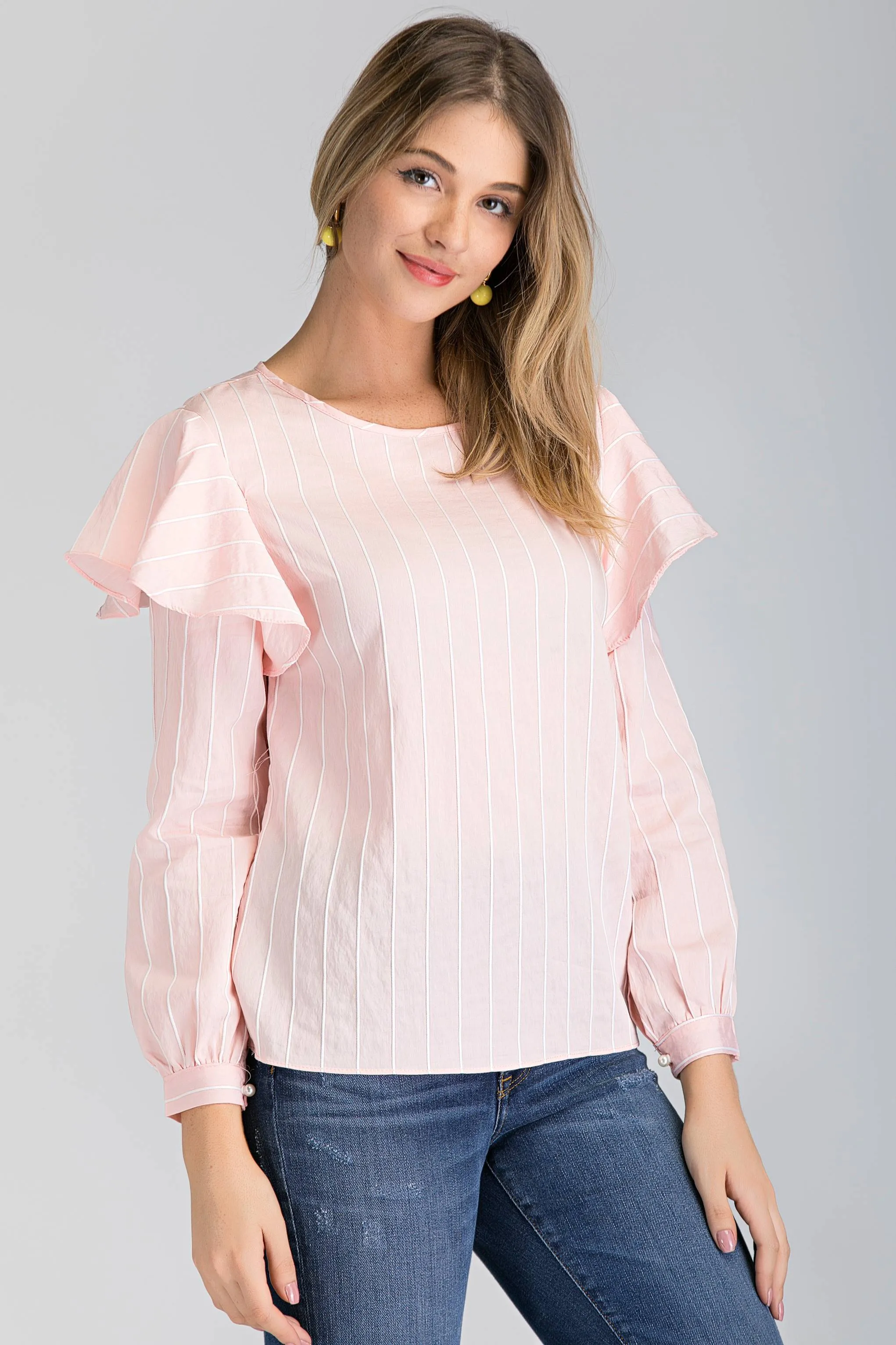 Peach Stripe Ruffle Shoulder Long Sleeve Top