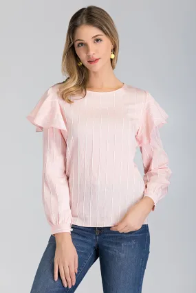 Peach Stripe Ruffle Shoulder Long Sleeve Top