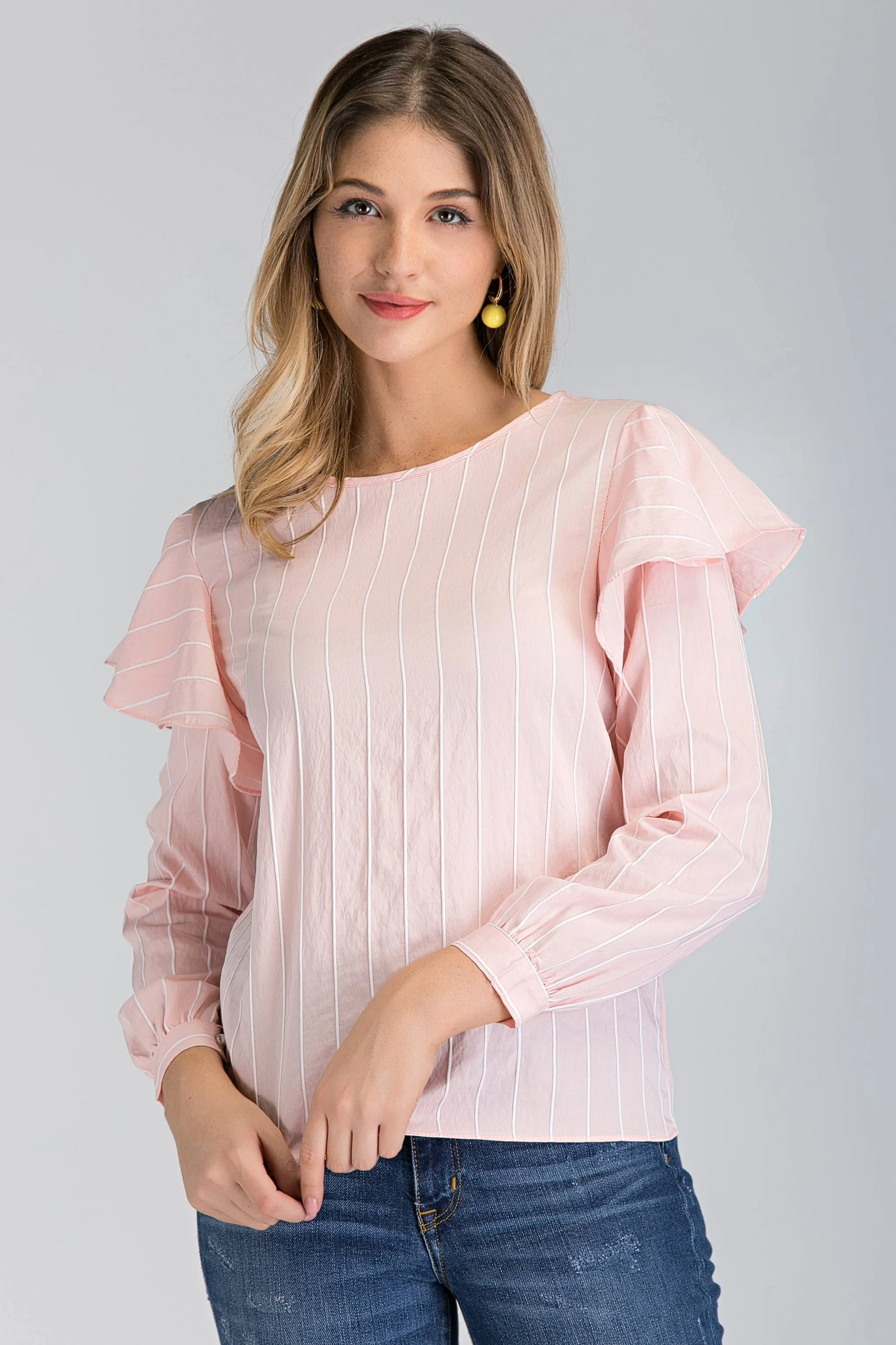 Peach Stripe Ruffle Shoulder Long Sleeve Top