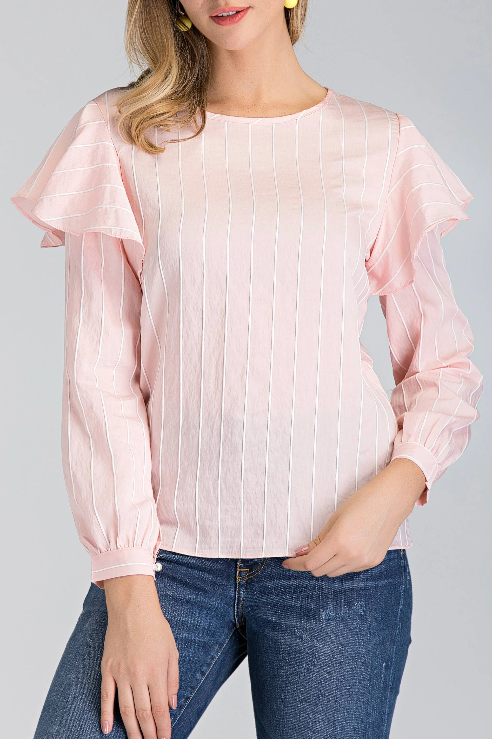 Peach Stripe Ruffle Shoulder Long Sleeve Top