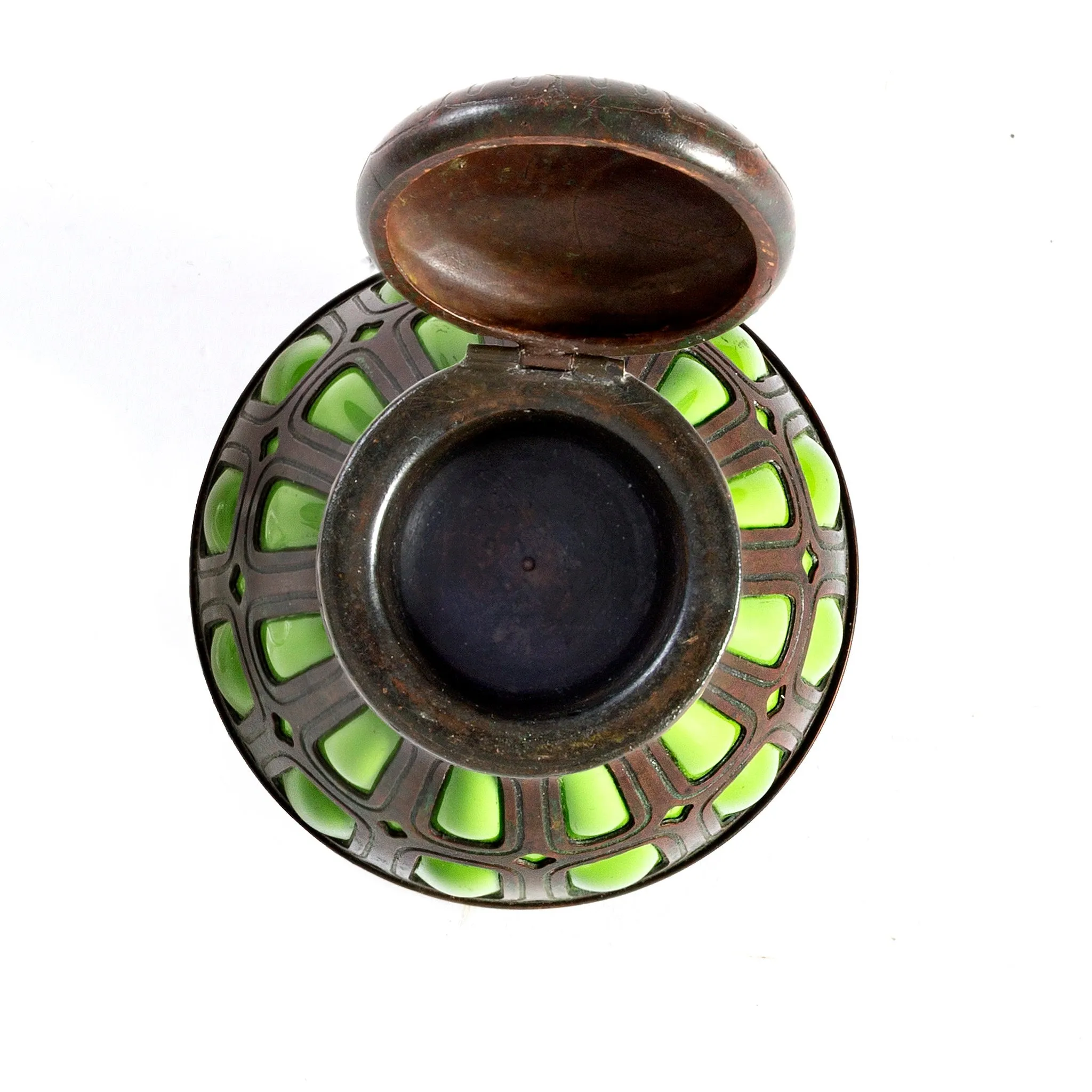 Tiffany Studios New York Bronze and Green Glass Inkwell