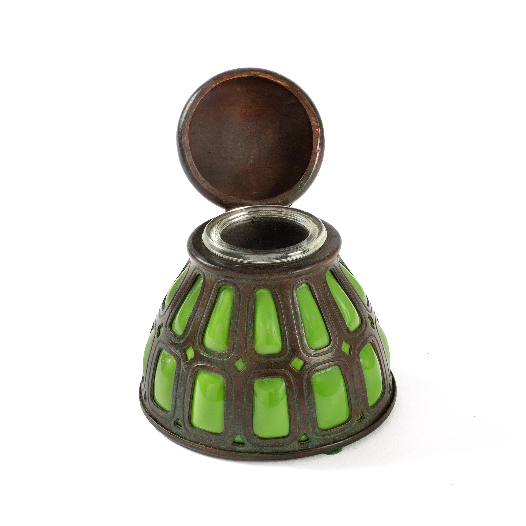 Tiffany Studios New York Bronze and Green Glass Inkwell